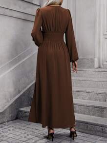 EMERY ROSE Lantern Sleeve Split Thigh Dress Maxi Women Outfit Fall Cloth For Women - Chocolate Brown - View 2