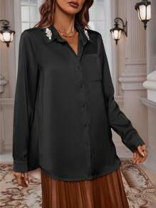 EMERY ROSE 女士鑽石裝飾長袖上衣 - 黑色 - 查看 6