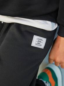 SHEIN 男孩鬆身針織運動長褲,字母拼接設計 - 黑色 - 查看 3