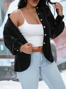 Calvaya Talla grande Blusa de manga farol con botón delantero - Negro - Ver 4