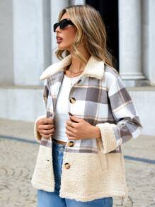 RueChic Women's Regular Fit Plaid Patchwork Jacket