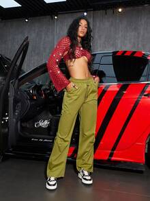 Street 純色抽繩腰袋側降落傘工裝褲 - 綠色 - 查看 6