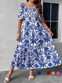 Breezaya Vestido con estampado de cuello cuadrado de manga mariposa bajo con fruncido - Azul y blanco - Ver 1