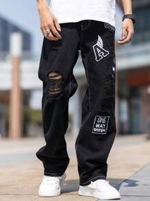Manfinity Roghcode Men Cotton Cartoon Letter Patched Ripped Jeans Baggy Long Frayed Jean Cargo Plain Black Party Street Wear Rapper - Black - View 6