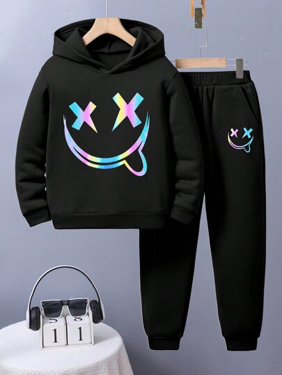 Tween Boy Cartoon Smile Face Printed Hoodie And Sweatpants Set