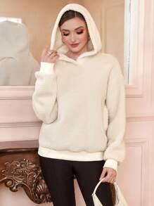 Mulvari Solid Drop Shoulder Fleece Hoodie Pullover Fall Sweatshirt - Beige - View 4