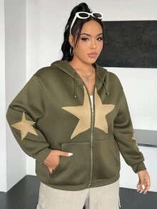 SHEIN EZwear 加大码星形印花拉链抽绳卫衣 - 軍綠色 - 查看 3