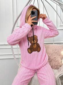 EURMUSE Bear Embroidered Kangaroo Pocket Drawstring Hooded Flannel Sleep Top - Pink - View 3