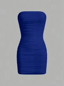 SHEIN EZwear Pleated Strapless Tie Waist Bodycon Dress - Blue - View 1
