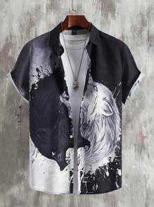 Manfinity LEGND 男裝紐扣前動物印花短袖襯衫 - 黑色 - 查看 1