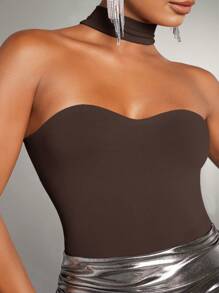 SHEIN BAE Solid Halter Neck Bodysuit,Valentine's Day,Valentine Outfits For Women - Coffee Brown - View 6