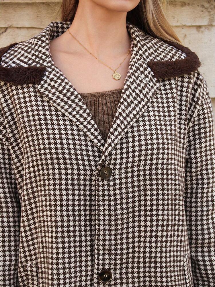 Regular Fit Houndstooth Drop Shoulder Jacket Winter Brown Plaid Check Casual