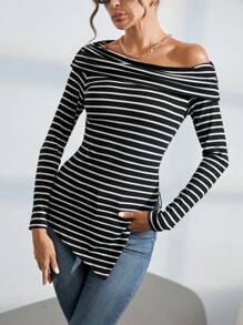 SHEIN Essnce 女士不对称下摆条纹 T 恤