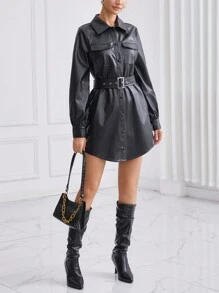 SHEIN Privé Da giả Quay xuống Vòng cổ Nút phía trước Váy có thắt lưng Với túi - màu đen - Xem 6