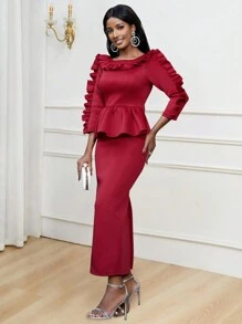 Lace Trimmed Round Neck Slim-fit Long Sleeve Dress - Red - View 4