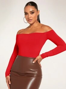 Silquee Solid Off Shoulder Bodysuit - Red - View 5