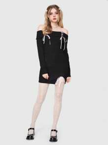 ROMWE Kawaii Quý cô Off-shoulder Màu thuần Đầm - màu đen - Xem 1