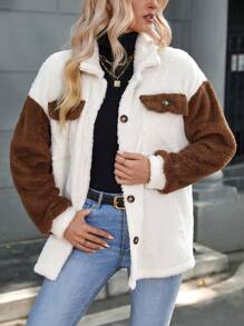 SHEIN LUNE 女款寬鬆休閒色塊下垂肩夾克 - 杏色 - 查看 1