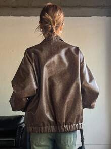 Dazy Star 翻盖细节落肩 PU 皮夹克，秋季女装 - 棕色 - 查看 8