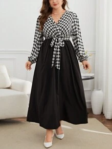 SHEIN Privé Robe Ceinturée Style Portefeuille Pied-de-poule De Grande Taille