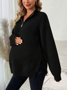 SHEIN 孕婦領開衩下擺毛衣,前圍裹式 - 黑色 - 查看 1