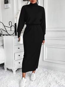 SHEIN Frenchy Của phụ nữ Cổ cao Màu thuần Thả vai Tay áo Áo thun Và Váy - màu đen - Xem 4