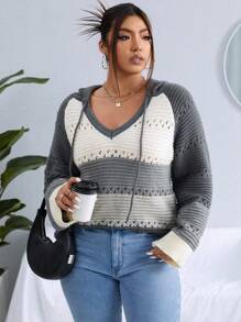 SHEIN LUNE Áo len cỡ lớn phối màu, khoét lỗ, có mũ, dây rút, kiểu dáng chui đầu, thích hợp cho mùa thu đông. - Xám - Xem 5