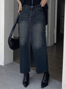DAZY 女士常规腰围宽松直筒长裙，带开衩，休闲牛仔中长裙 - 深色水洗藍 - 查看 6