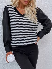 SHEIN LUNE Của phụ nữ Sọc Cổ chữ V Áo len - Đen và trắng - Xem 5