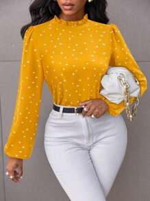 SHEIN Clasi Women's Heart Print Lantern Sleeve Shirt With Frill Collar - Yellow - View 6