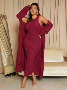 SHEIN SXY 大码罗纹针织紧身连衣裙搭配前开外套套装 - 酒紅色 - 查看 4