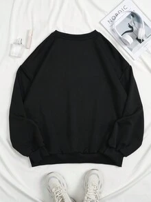 SHEIN EZwear 大碼貓印花落肩袖保暖衛衣 - 黑色 - 查看 2