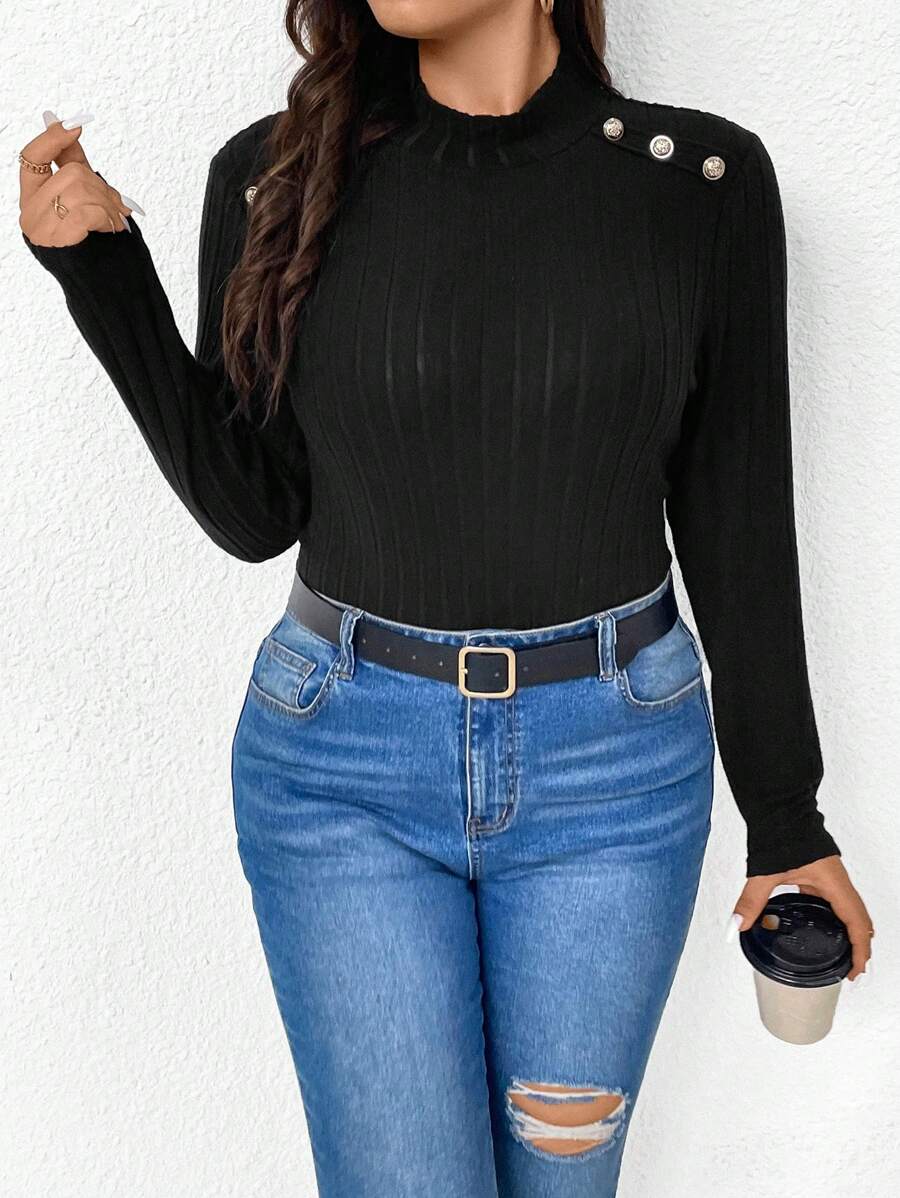 SHEIN Frenchy Women'S Plus Size Button Decorated Ribbed T-Shirt - Black - View 1
