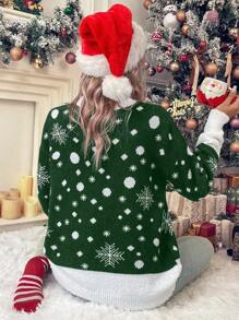 SHEIN LUNE Women's Sweater With Reindeer & Snowflake Patterns - Dark Green - View 2