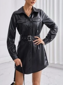 SHEIN Privé Da giả Quay xuống Vòng cổ Nút phía trước Váy có thắt lưng Với túi - màu đen - Xem 3