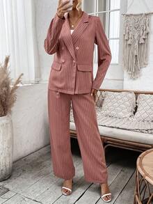 SHEIN Privé Sọc Cổ áo tây DOUBLE-BREASTED Bộ đồ Bộ - Bụi hồng - Xem 5