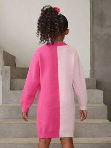 SHEIN 女大童愛心圖案雙色落肩袖毛衣洋裝 - 玫紅色 - 查看 2