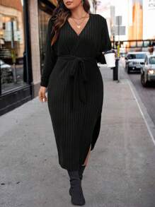 Easura 加大开叉大腿系带连衣裙 女式长款秋季服装 - 黑色 - 查看 6