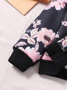 SHEIN Young Girl Floral Print Hooded Jacket & Leggings - Black - View 4