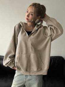 DAZY Women's Hooded Sweatshirt With Front Zipper Closure And Drop Shoulder Design,Fall Women Clothes - Khaki - View 5