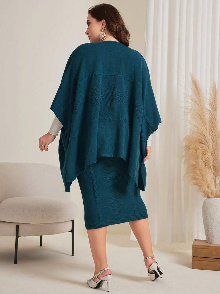 Plus Size Women's Batwing Sleeve Cardigan And Sweater Skirt Set 2 Piece Set
