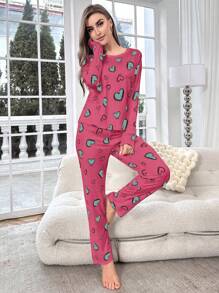 Heart Pattern Printed Long Sleeve Tee And Pants Pajama Set, Fall Winter Clothes Cozy And Elegant Details - Multicolor - View 5