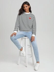 Fonteles Của phụ nữ Sọc Love Tim Thả vai Áo nỉ - Đen và trắng - Xem 3