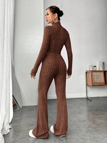 SHEIN EZwear de cuello alto tejido de canalé Camiseta & Pantalones acampanados - Marrón Chocolate - Ver 2