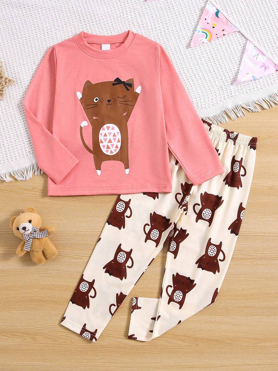 SHEIN Toddler Girls' Cat Pattern Print Pajama Set - Red - View 1