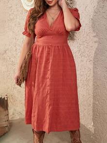 SHEIN VCAY Plus Puff Sleeve Button Front Dress - Orange - View 6