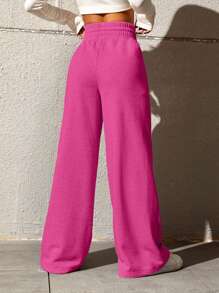 SHEIN EZwear Women's Drawstring Waist Loose Wide Leg Palazzo Pants Graduation,Back To School Outfits,Graduation,Teacher Outfits For Women,Back To School - Hot Pink - View 2