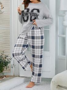 Plus Size Women's Letter & Plaid Print Pajama Set Cozy And Elegant Details, Fall Winter Clothes Outfit - Grey - View 1