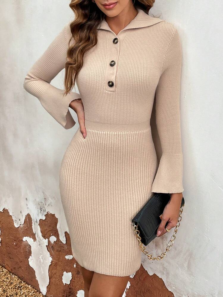 Button Up Collar Detail Slit Sleeve And Hem Ribbed Bodycon Dress