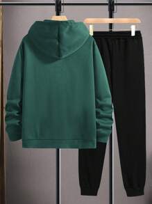 RueChic Men's Letter Pattern Hooded Sweatshirt With Drawstring And Jogger Pants Two-piece Set - Dark Green - View 2